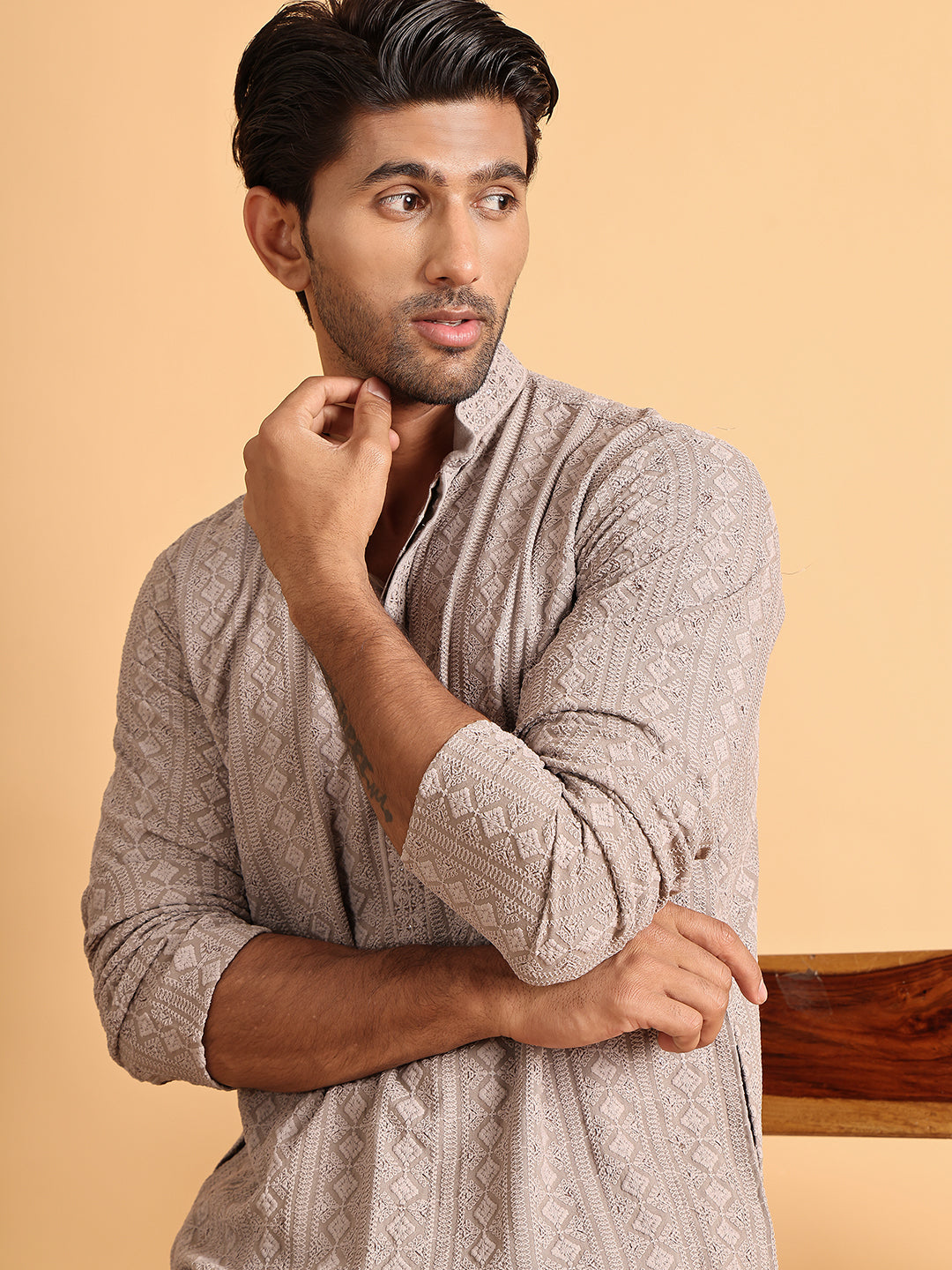 Embroidered & Sequins Straight Kurtas For Men ( KO 5116Beige )