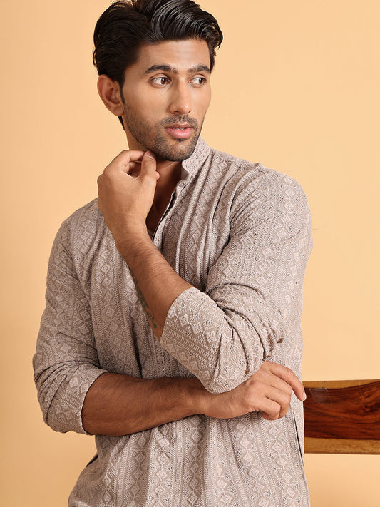 Embroidered & Sequins Straight Kurtas For Men ( KO 5116Beige )