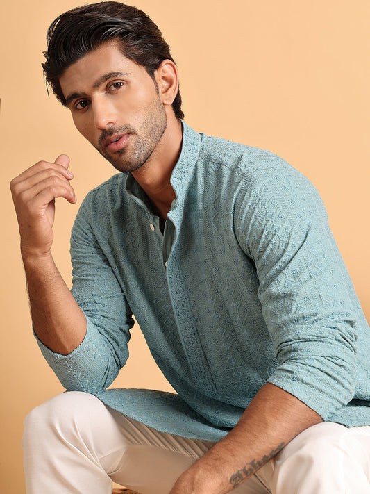 Embroidered & Sequins Straight Kurtas For Men ( KO 5116Blue )