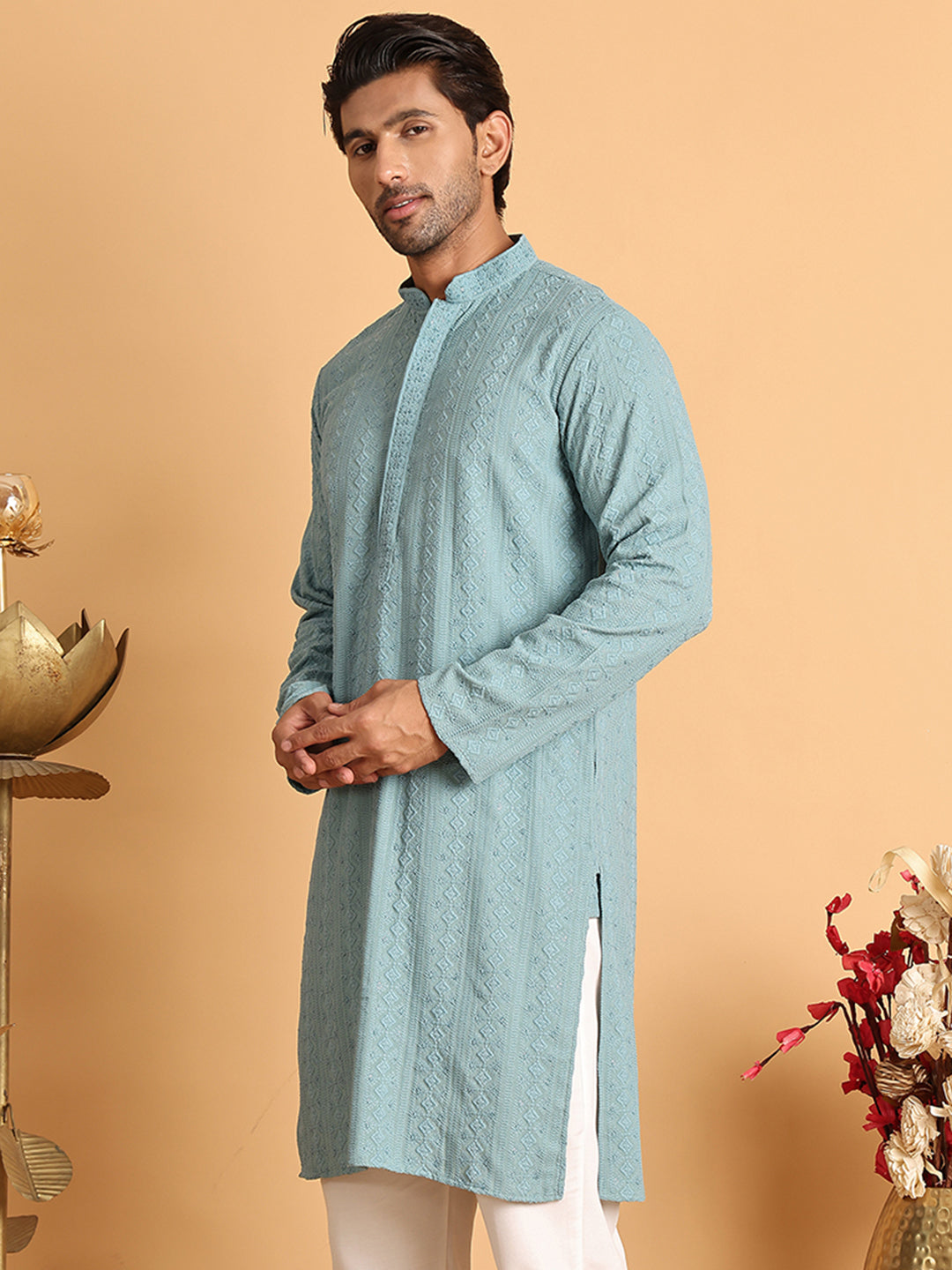Embroidered & Sequins Straight Kurtas For Men ( KO 5116Blue )