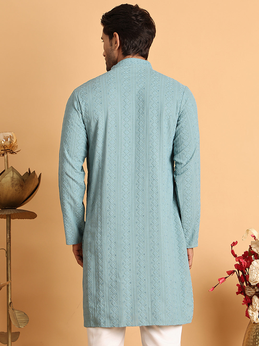 Embroidered & Sequins Straight Kurtas For Men ( KO 5116Blue )