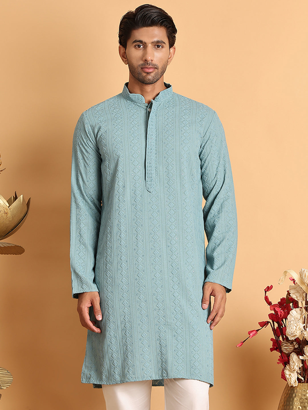 Embroidered & Sequins Straight Kurtas For Men ( KO 5116Blue )