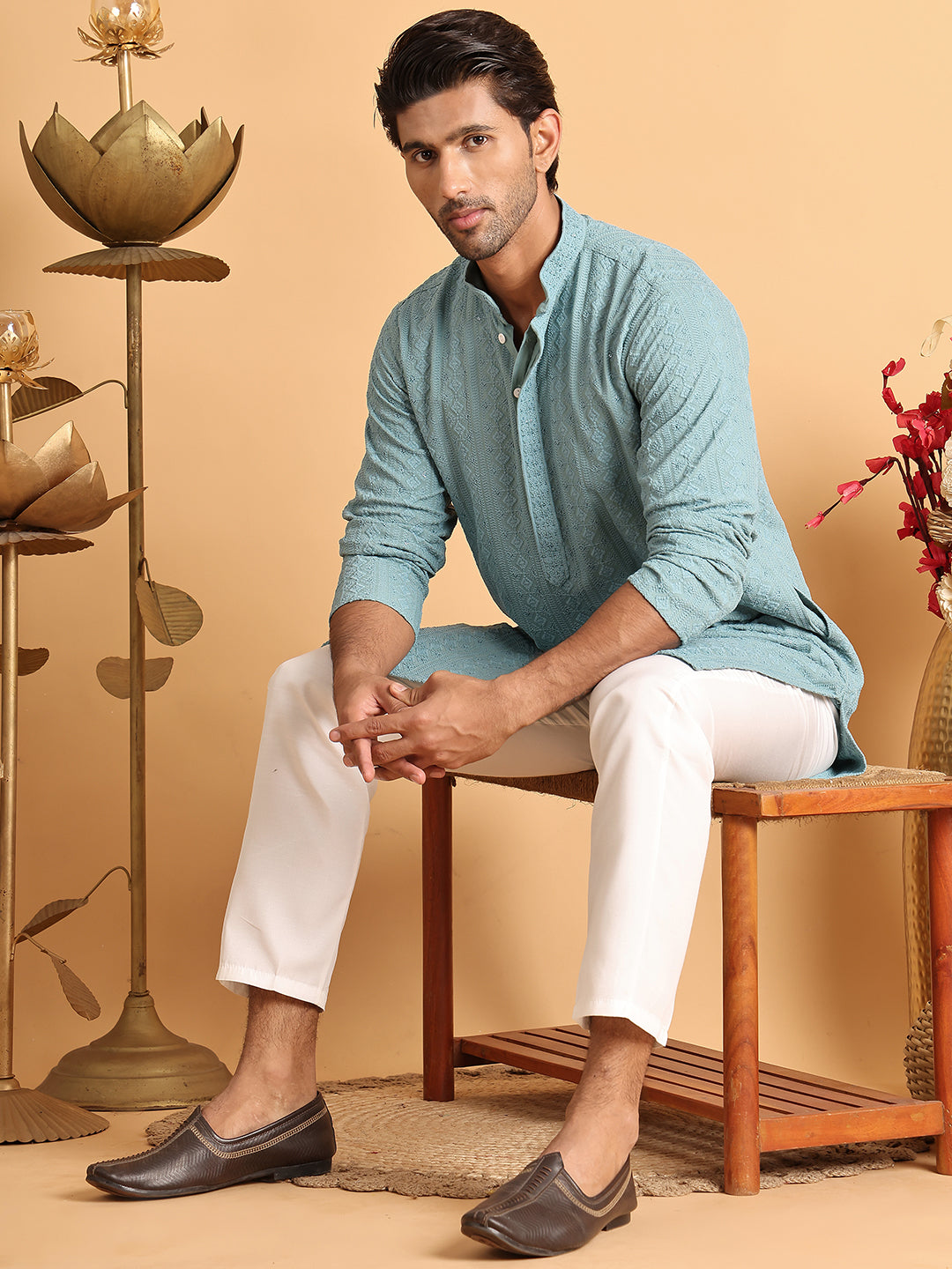 Embroidered & Sequins Straight Kurtas For Men ( KO 5116Blue )