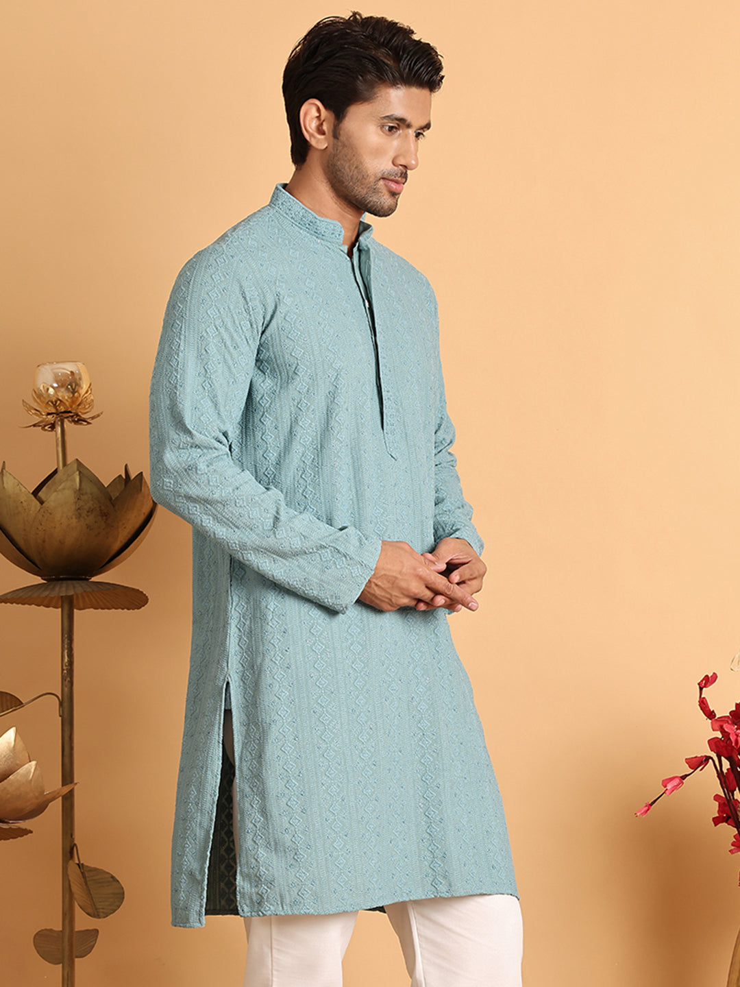 Embroidered & Sequins Straight Kurtas For Men ( KO 5116Blue )