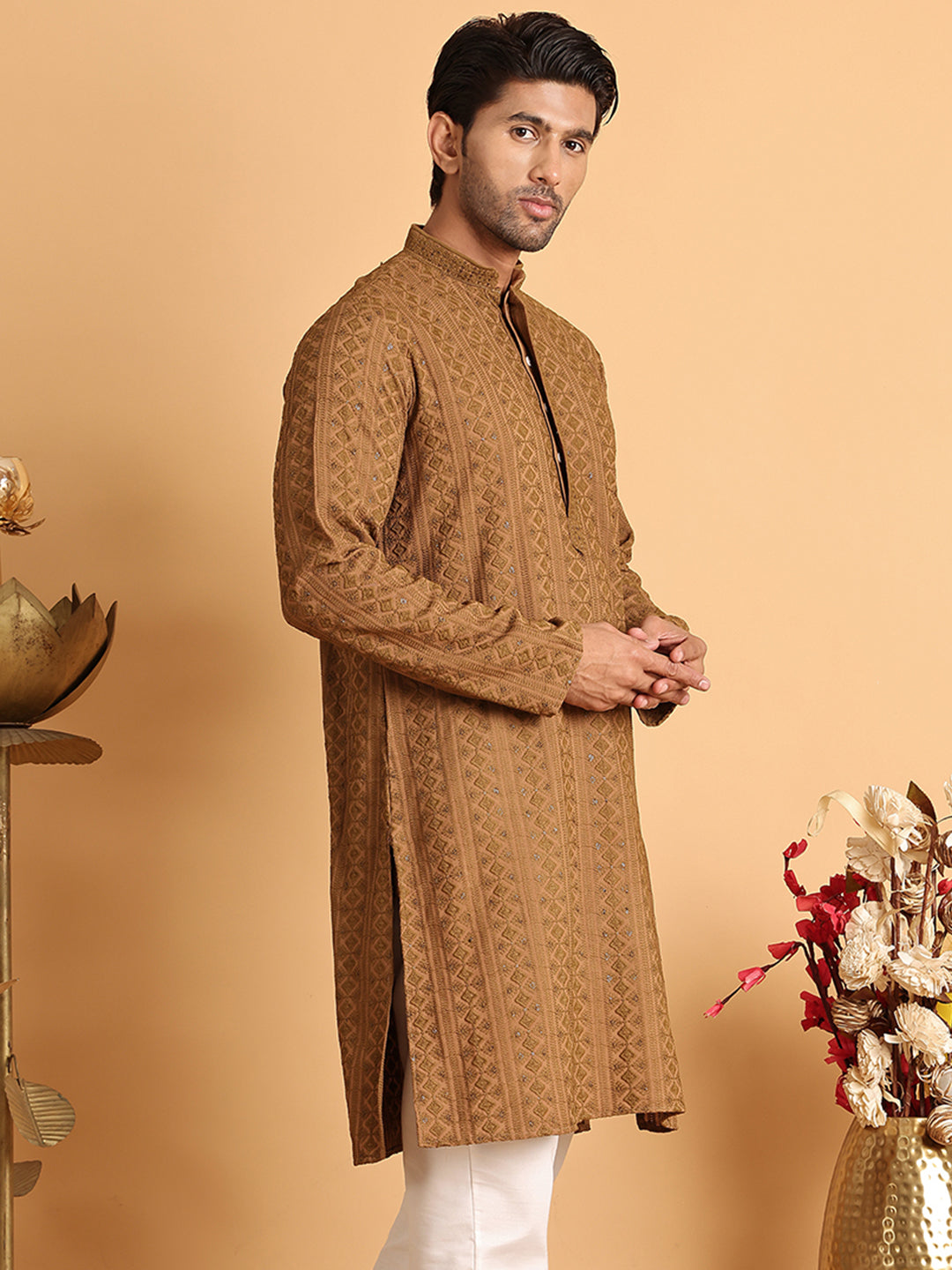 Embroidered & Sequins Straight Kurtas For Men ( KO 5116Brown )