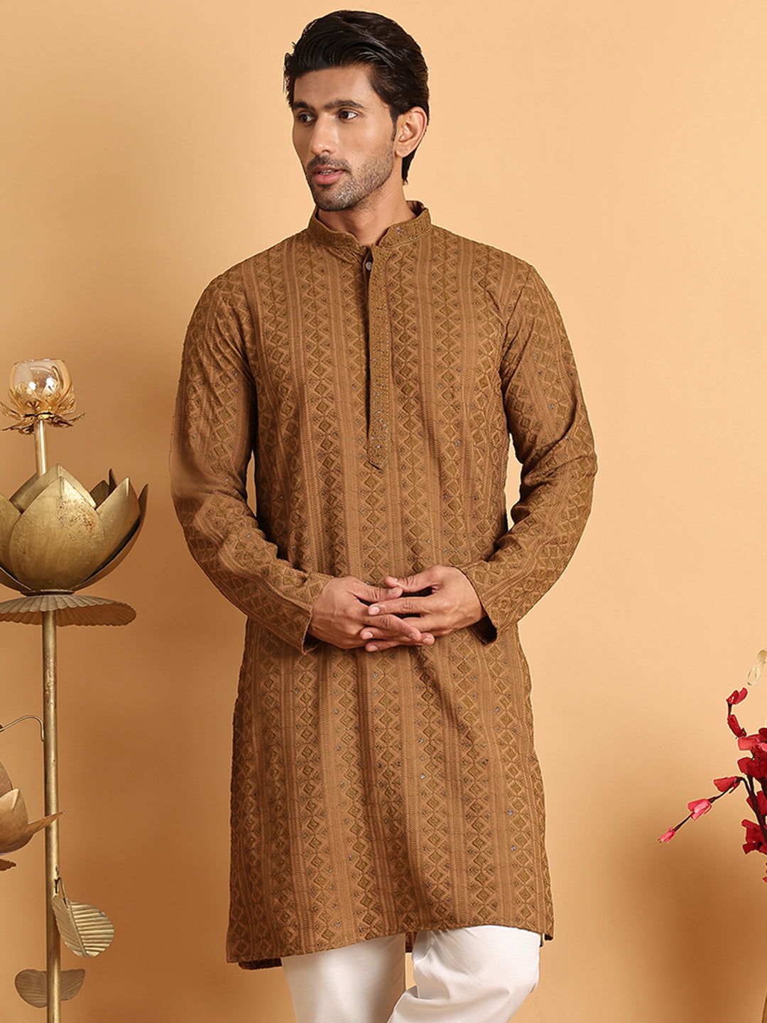 Embroidered & Sequins Straight Kurtas For Men ( KO 5116Brown )