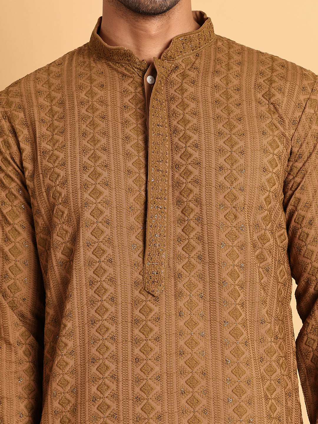 Embroidered & Sequins Straight Kurtas For Men ( KO 5116Brown )