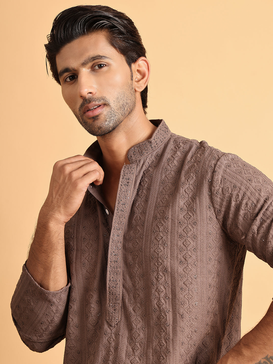 Embroidered & Sequins Straight Kurtas For Men ( KO 5116Coffee )