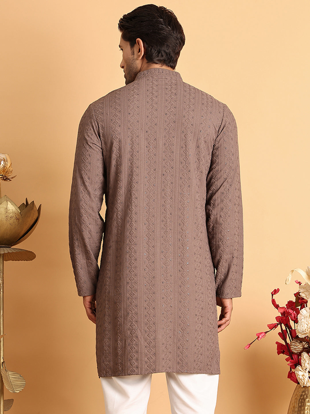 Embroidered & Sequins Straight Kurtas For Men ( KO 5116Coffee )