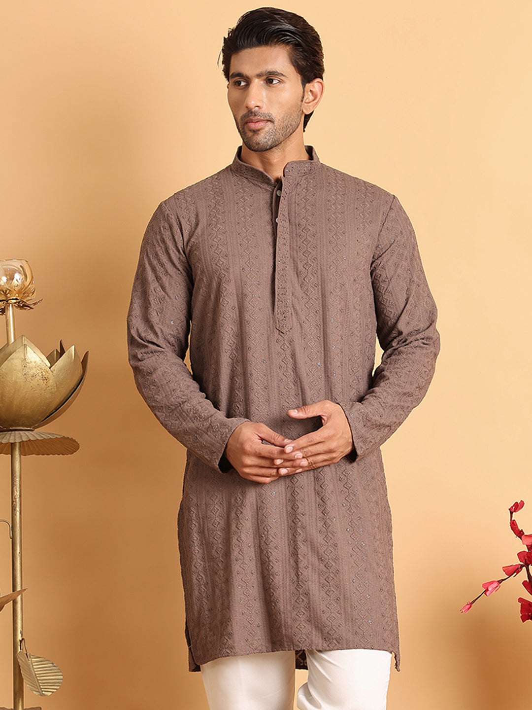 Embroidered & Sequins Straight Kurtas For Men ( KO 5116Coffee )
