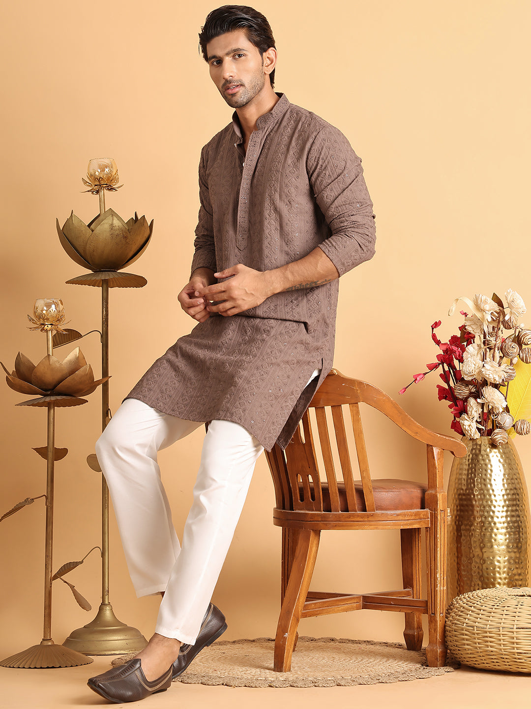 Embroidered & Sequins Straight Kurtas For Men ( KO 5116Coffee )
