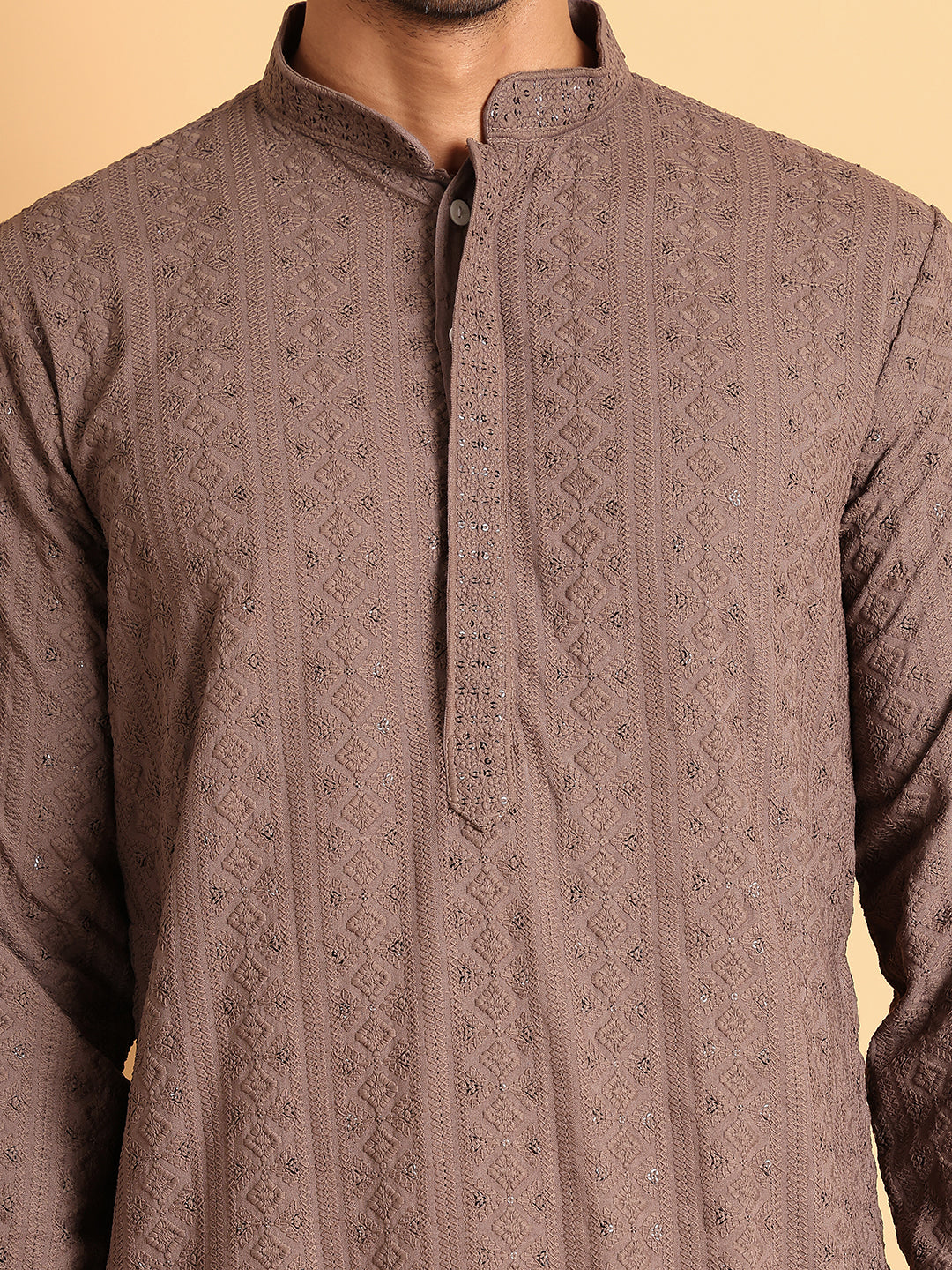 Embroidered & Sequins Straight Kurtas For Men ( KO 5116Coffee )