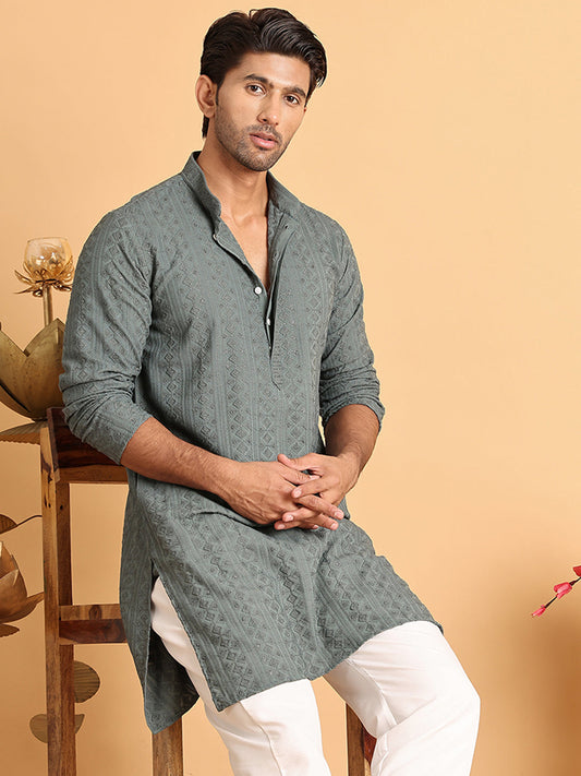 Embroidered & Sequins Straight Kurtas For Men ( KO 5116Grey )