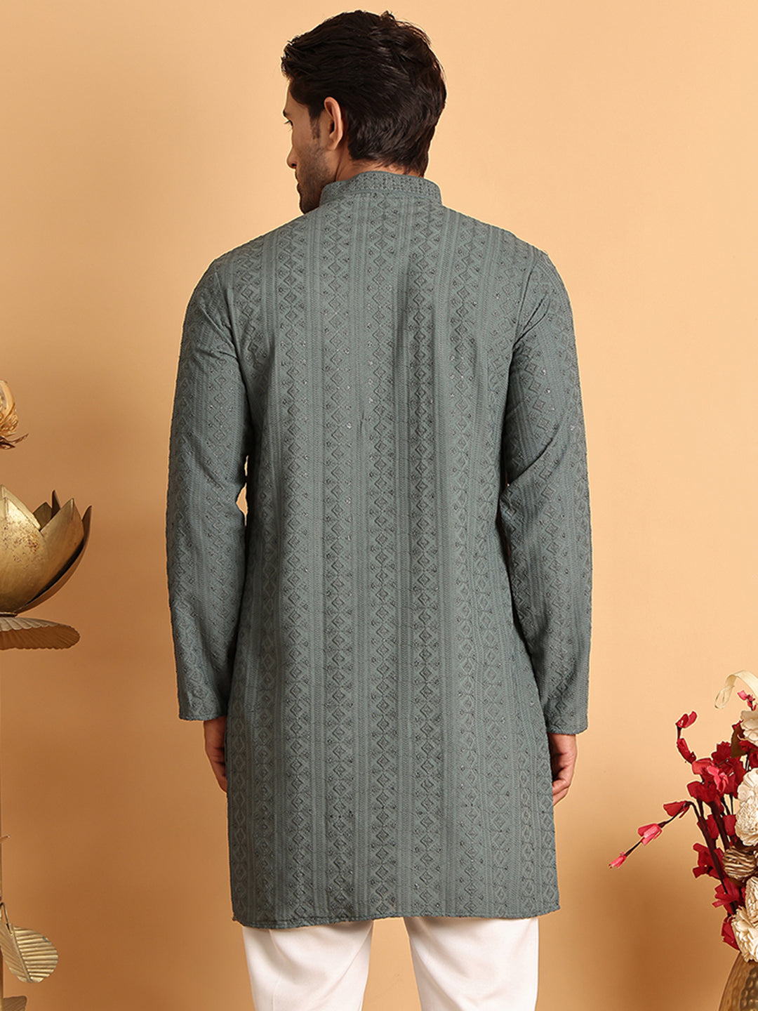 Embroidered & Sequins Straight Kurtas For Men ( KO 5116Grey )