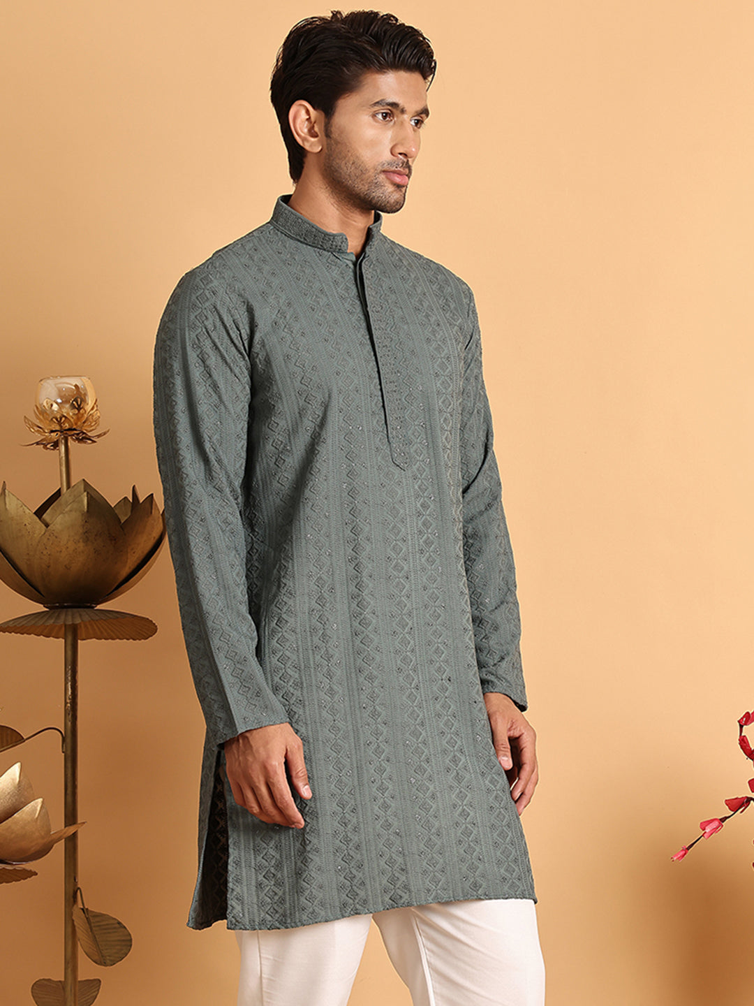 Embroidered & Sequins Straight Kurtas For Men ( KO 5116Grey )