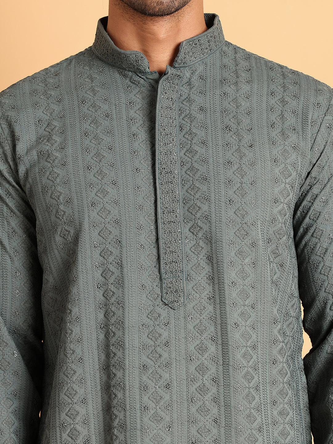 Embroidered & Sequins Straight Kurtas For Men ( KO 5116Grey )
