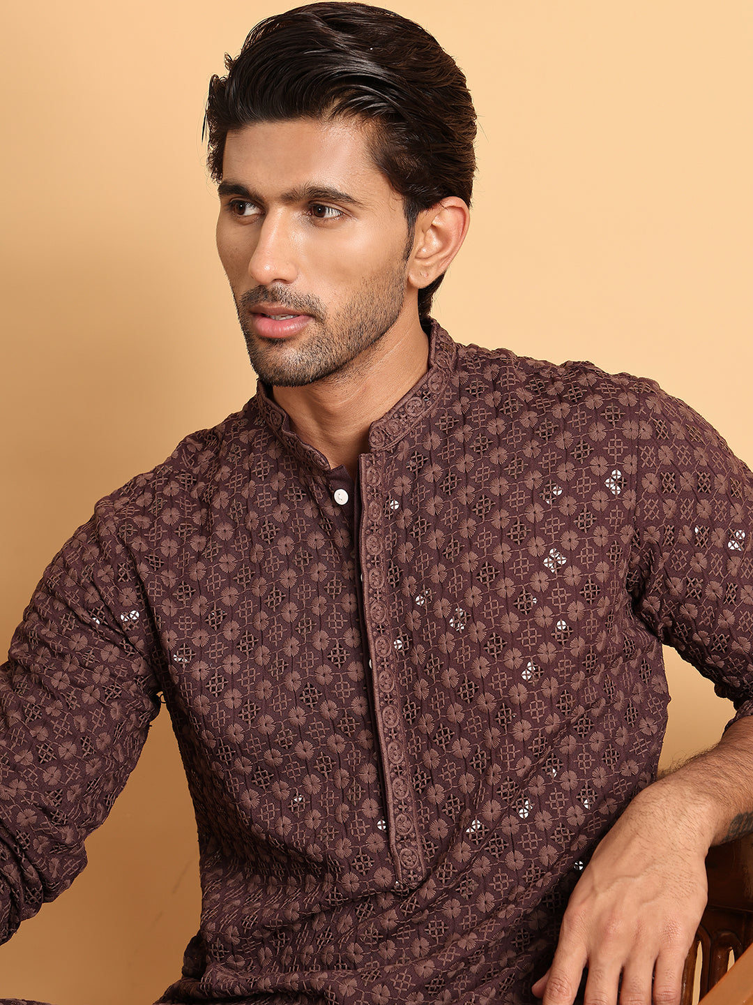 Embroidered & Sequins Straight Kurtas For Men ( KO 5117Coffee ) [FF] [O-19]