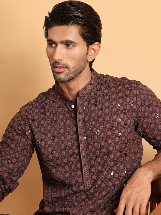 Embroidered & Sequins Straight Kurtas For Men ( KO 5117Coffee ) [FF] [O-19]