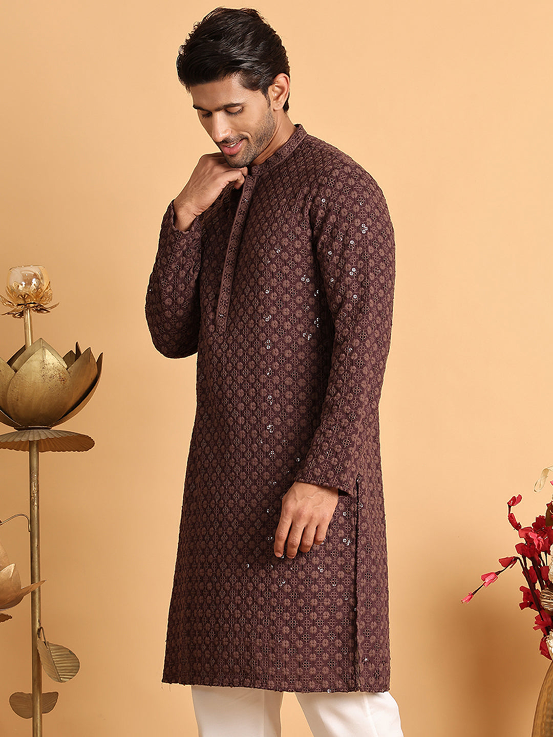 Embroidered & Sequins Straight Kurtas For Men ( KO 5117Coffee ) [FF] [O-19]