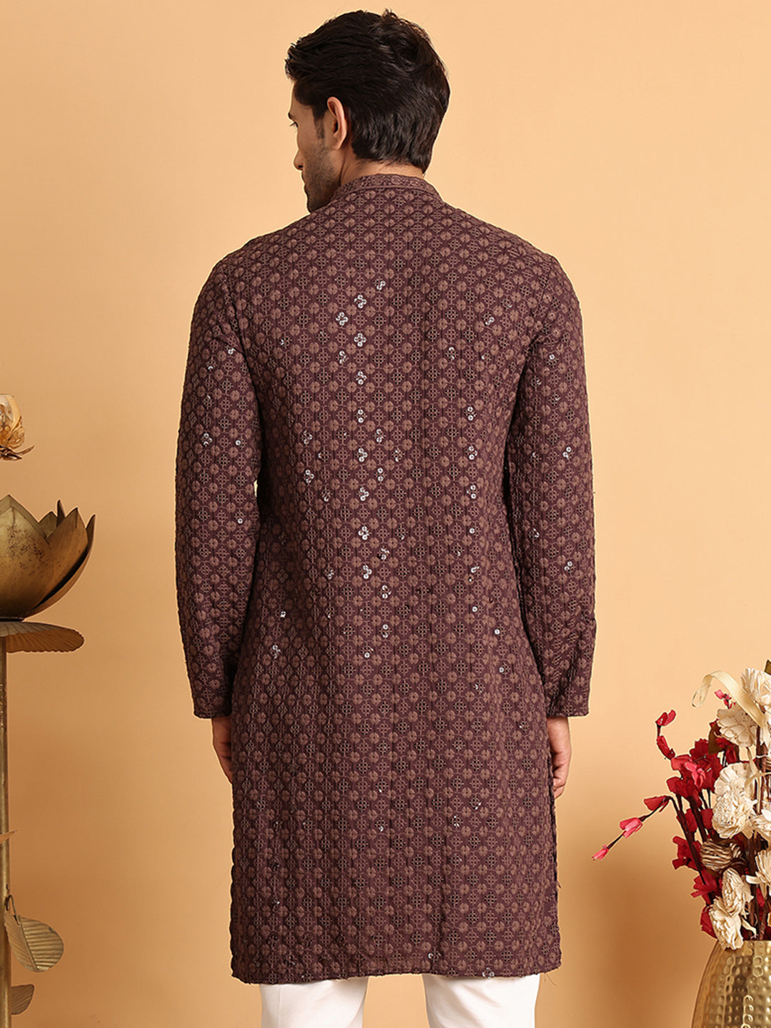 Embroidered & Sequins Straight Kurtas For Men ( KO 5117Coffee ) [FF] [O-19]