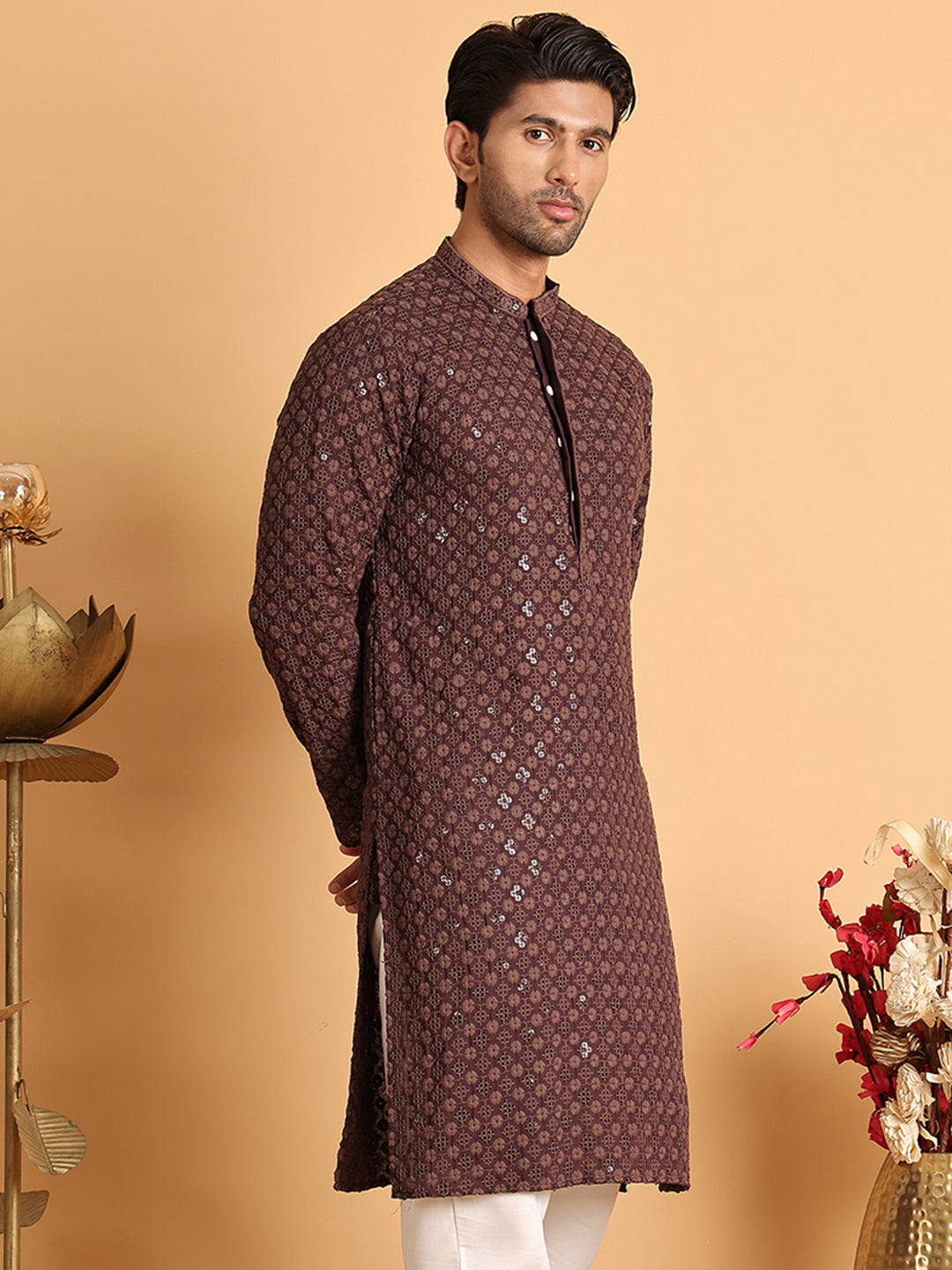 Embroidered & Sequins Straight Kurtas For Men ( KO 5117Coffee ) [FF] [O-19]