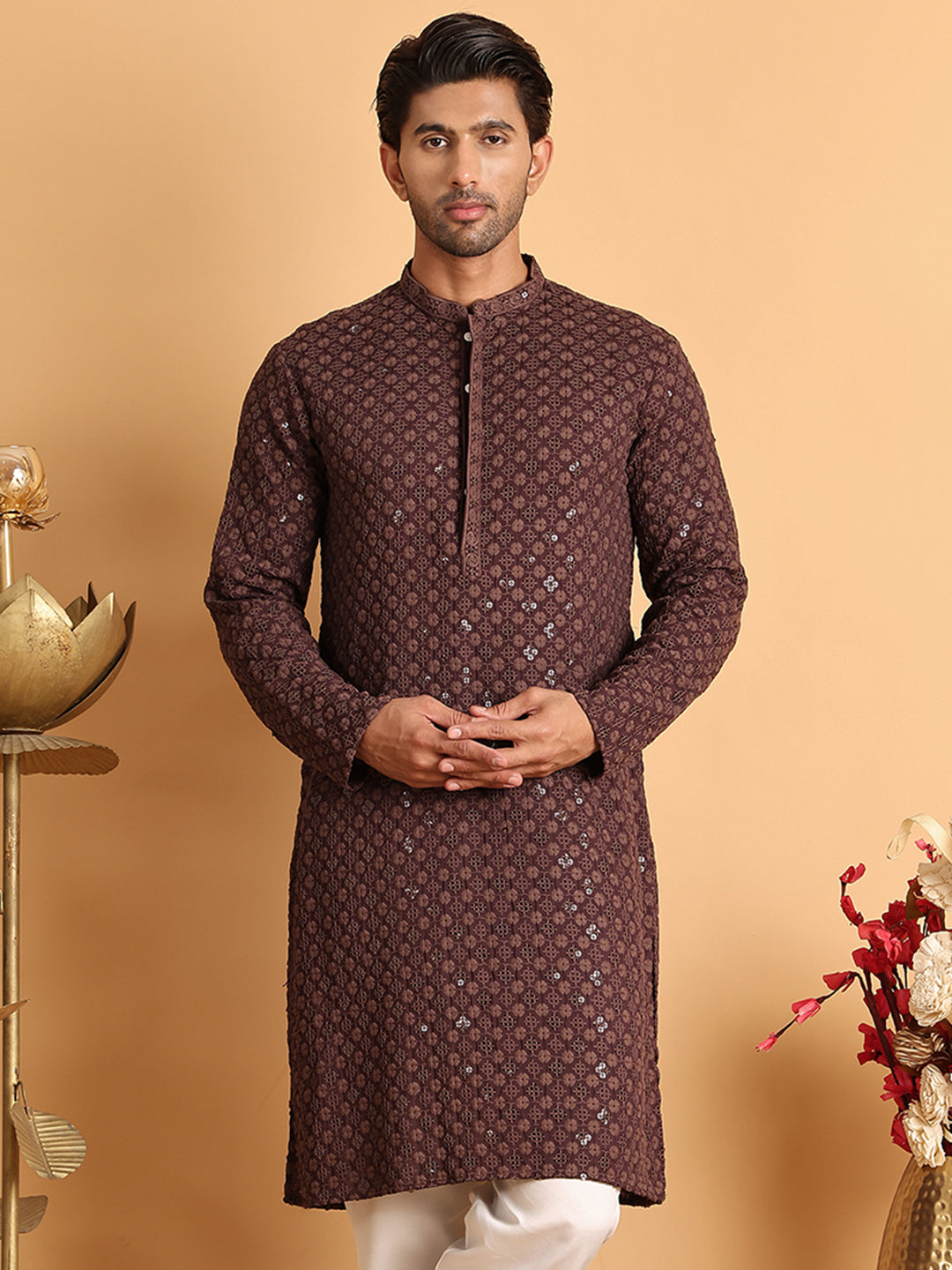 Embroidered & Sequins Straight Kurtas For Men ( KO 5117Coffee ) [FF] [O-19]
