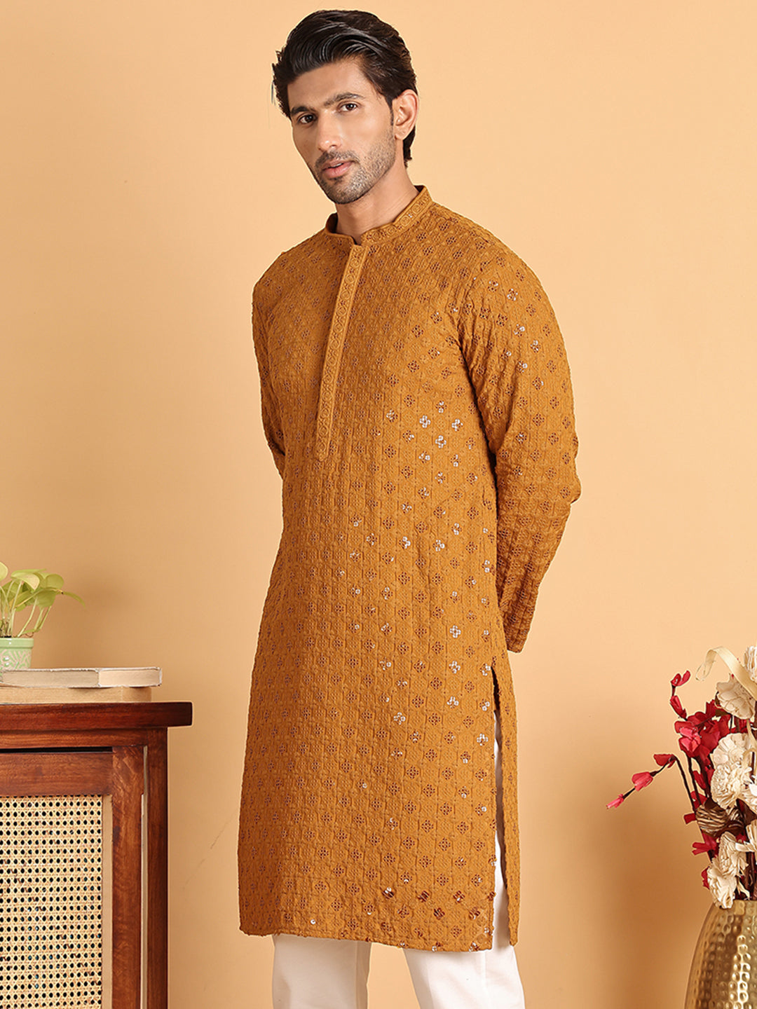 Embroidered & Sequins Straight Kurtas For Men ( KO 5117Mustard ) [FF] [O-19]