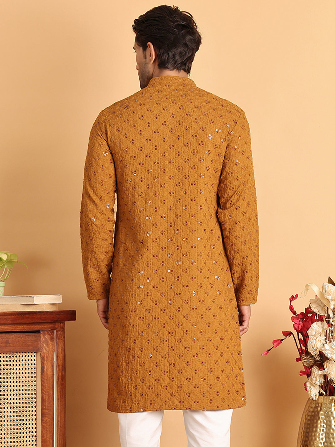Embroidered & Sequins Straight Kurtas For Men ( KO 5117Mustard ) [FF] [O-19]