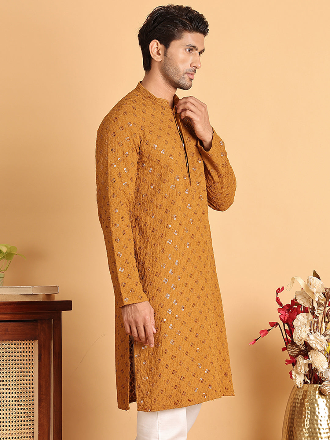 Embroidered & Sequins Straight Kurtas For Men ( KO 5117Mustard ) [FF] [O-19]
