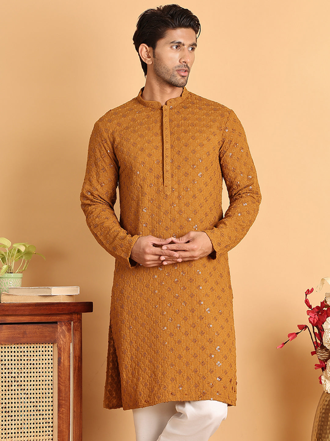 Embroidered & Sequins Straight Kurtas For Men ( KO 5117Mustard ) [FF] [O-19]