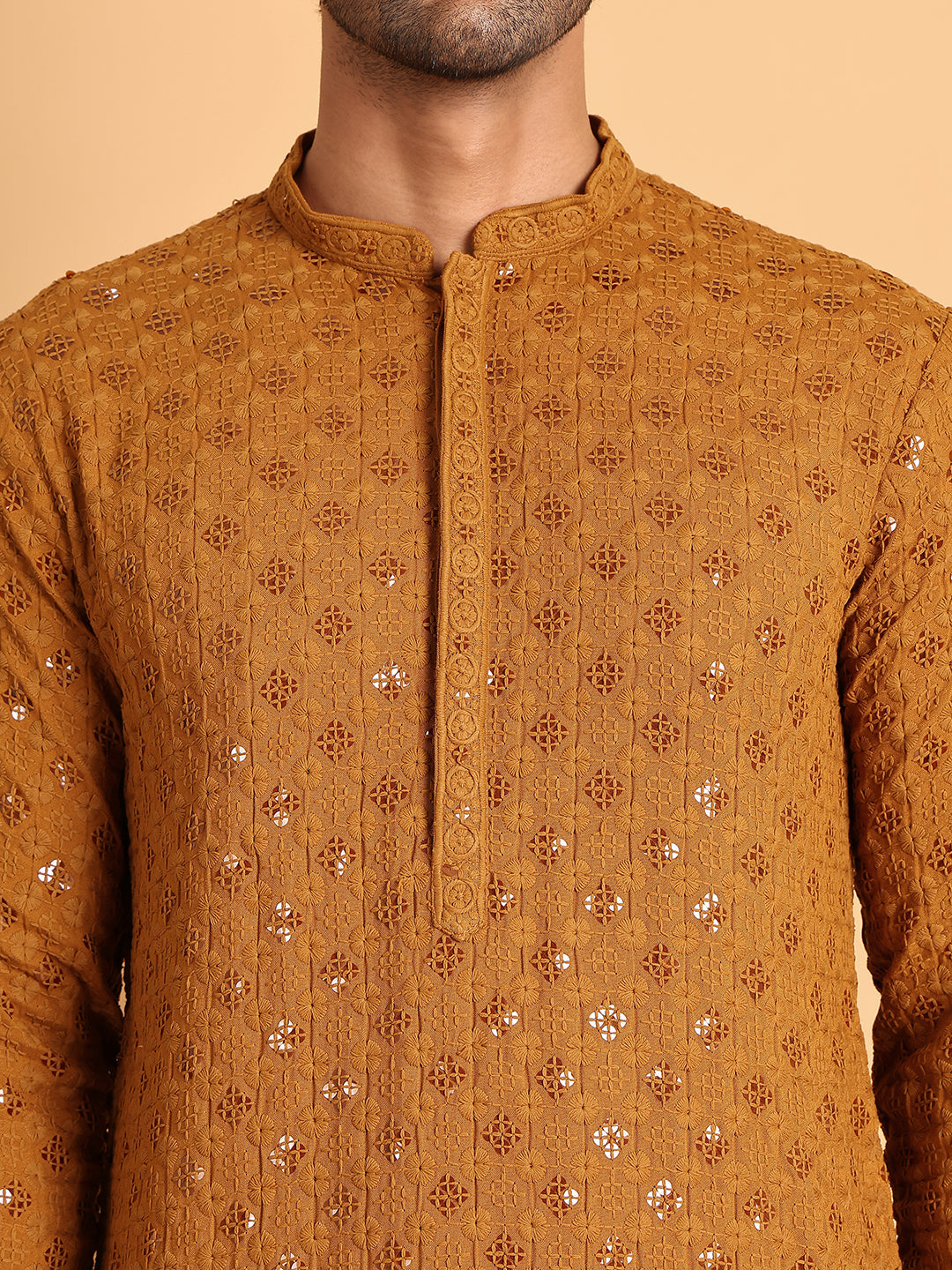 Embroidered & Sequins Straight Kurtas For Men ( KO 5117Mustard ) [FF] [O-19]