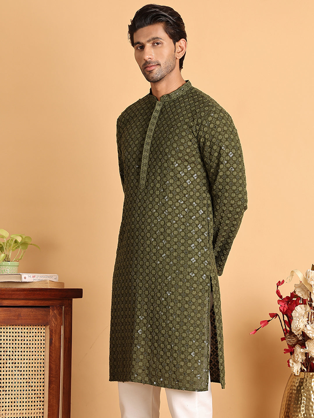 Embroidered & Sequins Straight Kurtas For Men ( KO 5117Olive ) [FF] [O-19]