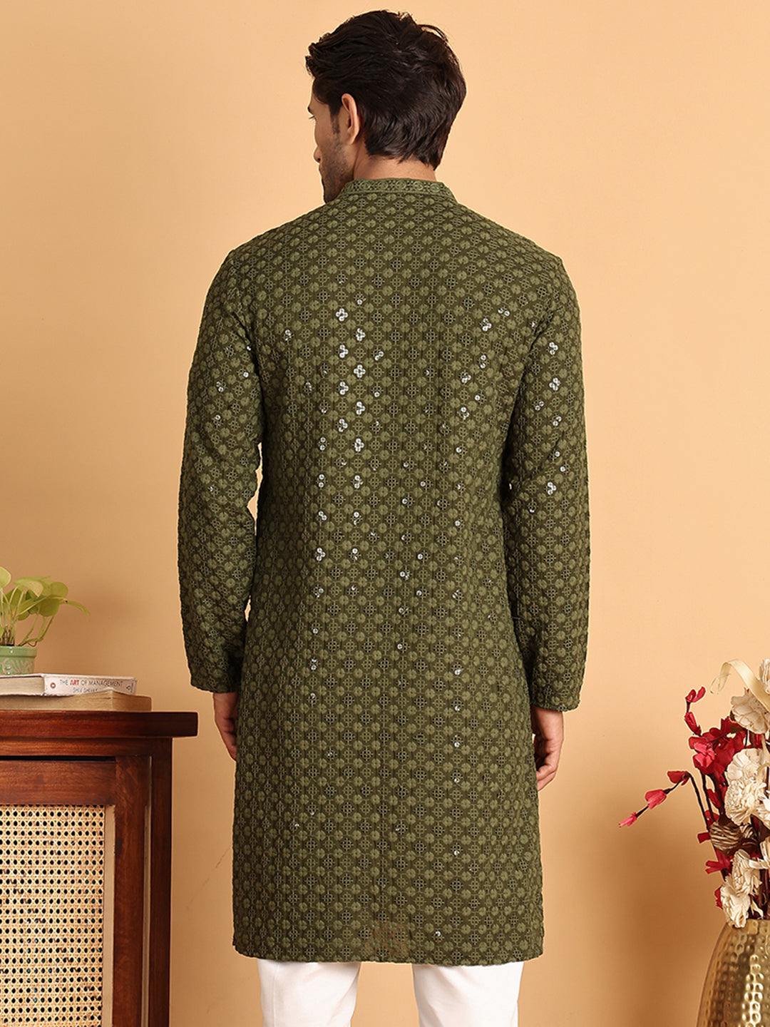 Embroidered & Sequins Straight Kurtas For Men ( KO 5117Olive ) [FF] [O-19]