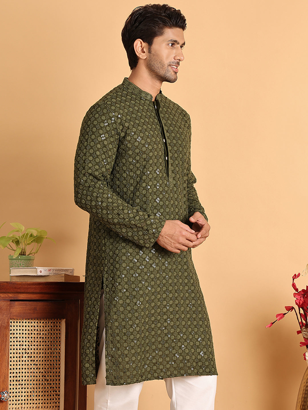 Embroidered & Sequins Straight Kurtas For Men ( KO 5117Olive ) [FF] [O-19]