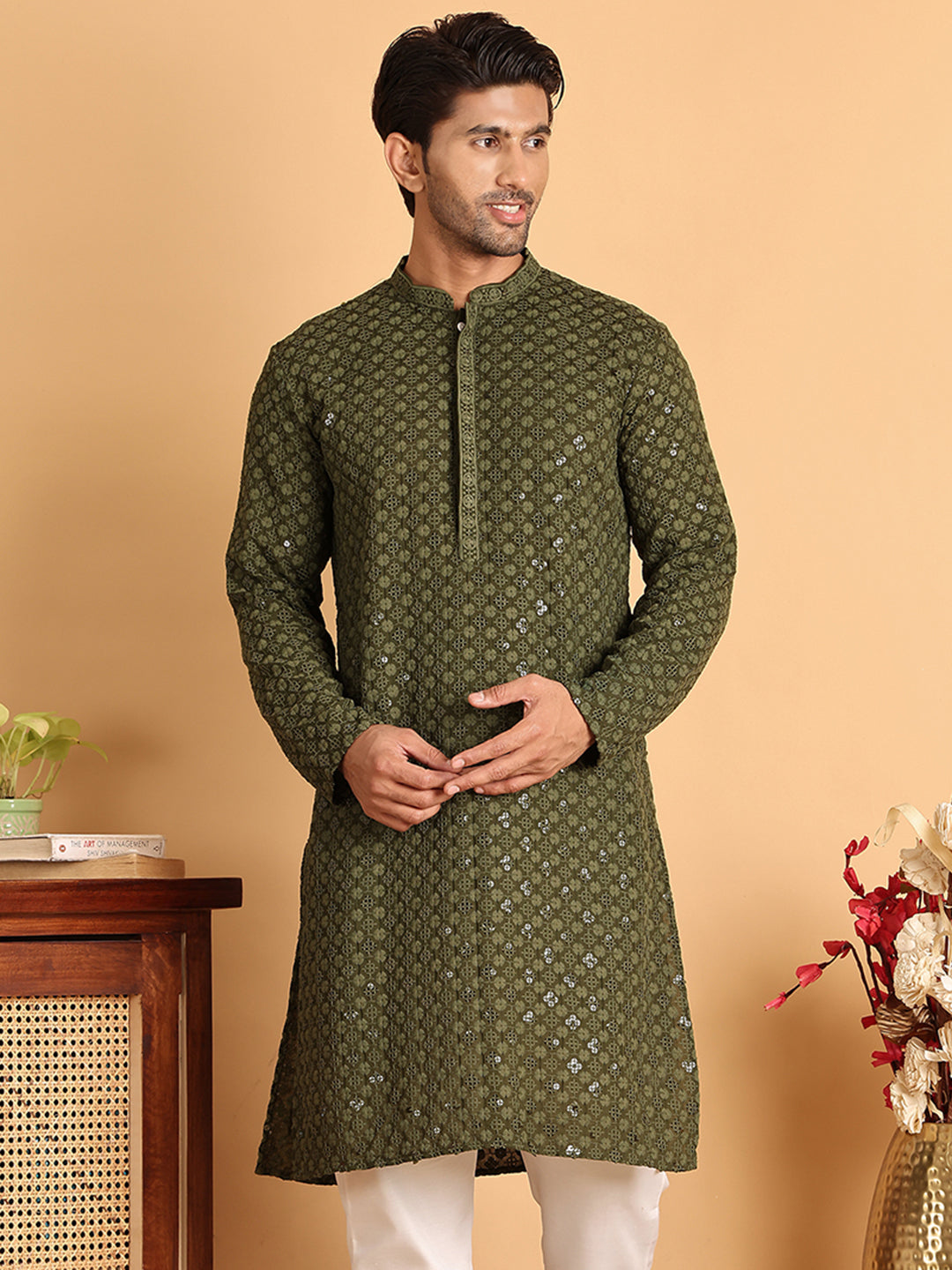 Embroidered & Sequins Straight Kurtas For Men ( KO 5117Olive ) [FF] [O-19]