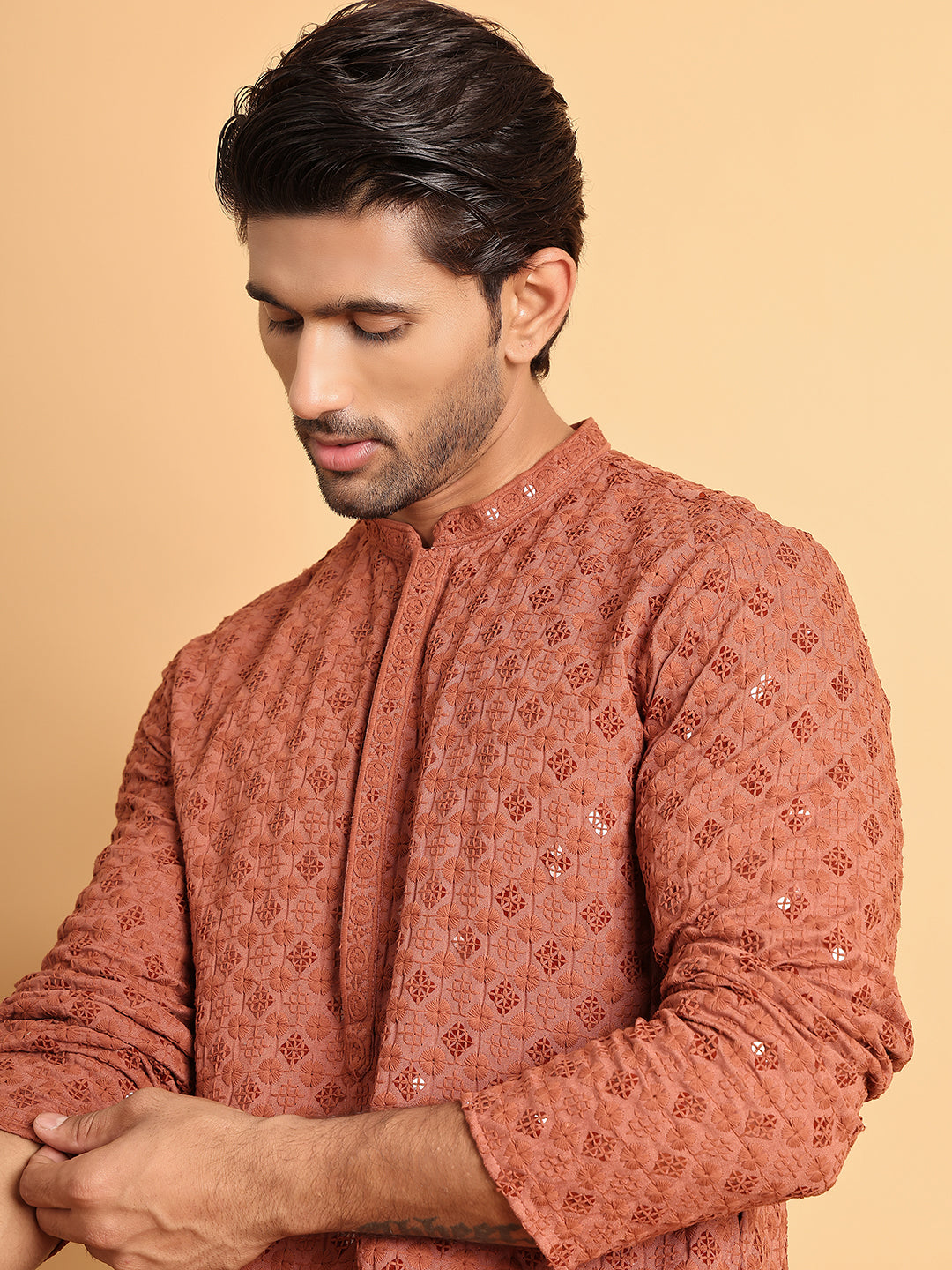 Embroidered & Sequins Straight Kurtas For Men ( KO 5117Rust )