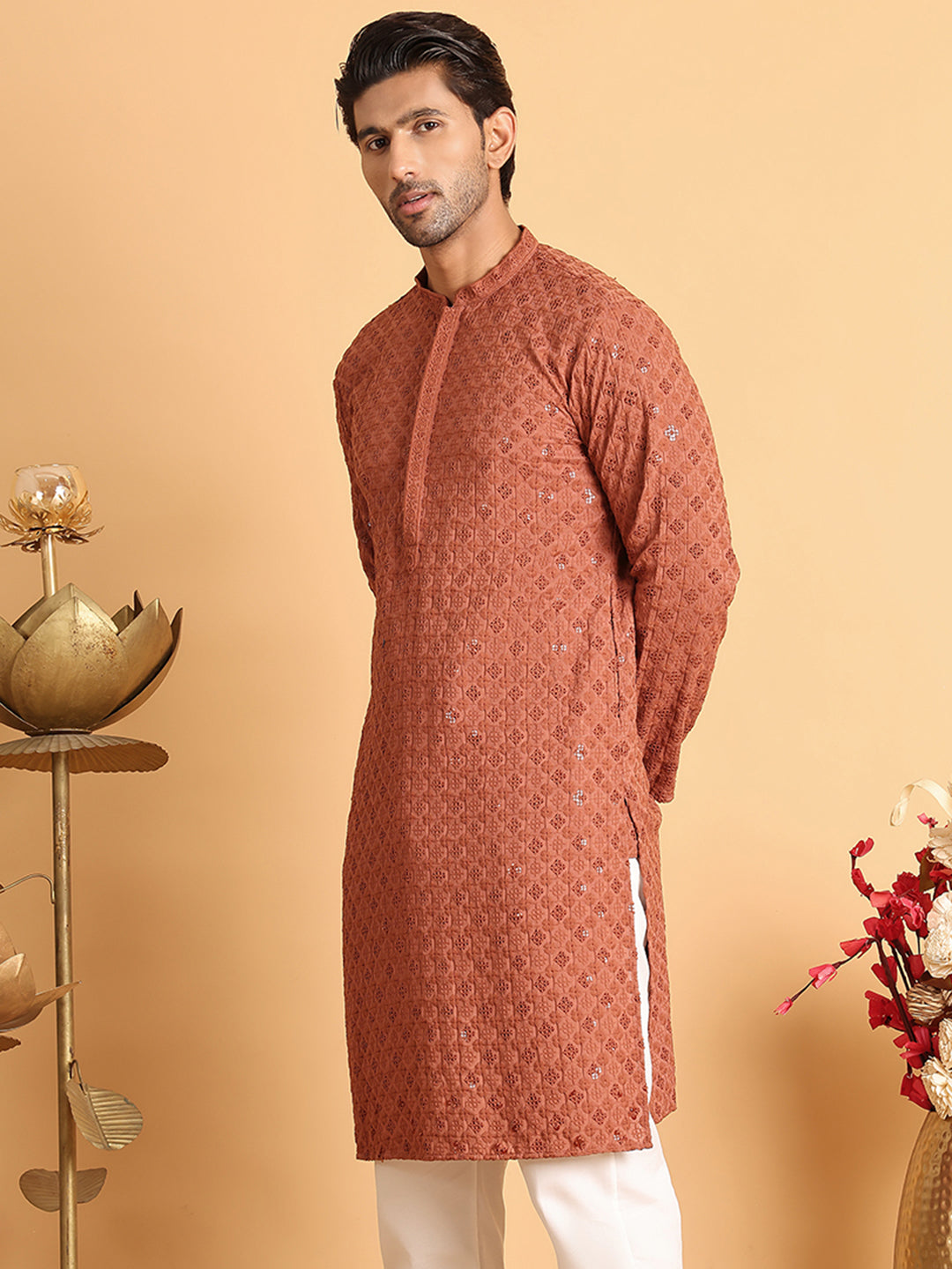 Embroidered & Sequins Straight Kurtas For Men ( KO 5117Rust )