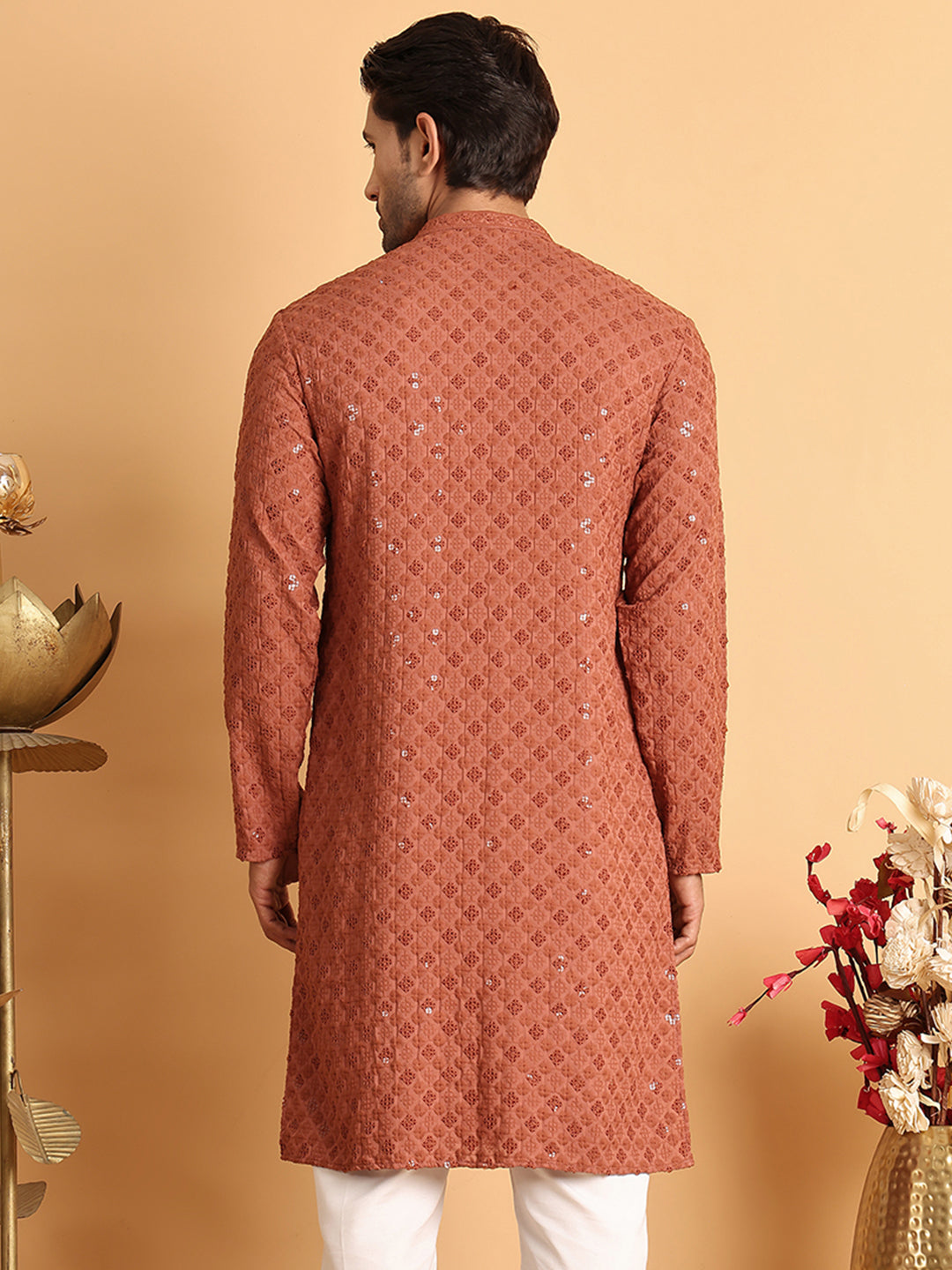 Embroidered & Sequins Straight Kurtas For Men ( KO 5117Rust )