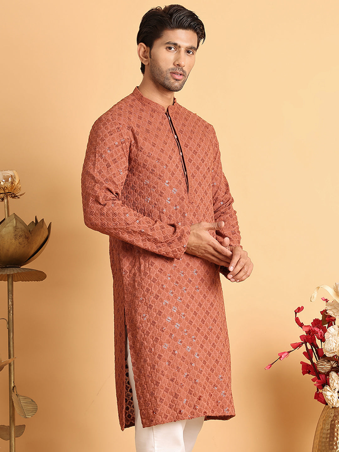 Embroidered & Sequins Straight Kurtas For Men ( KO 5117Rust )