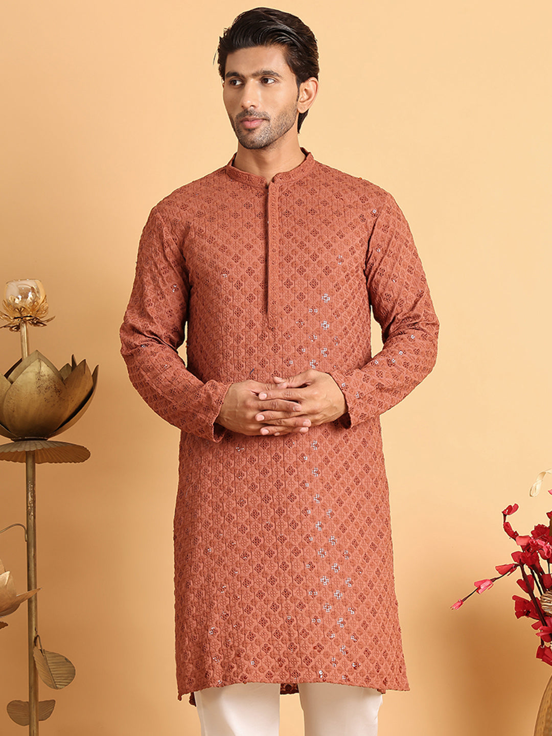 Embroidered & Sequins Straight Kurtas For Men ( KO 5117Rust )