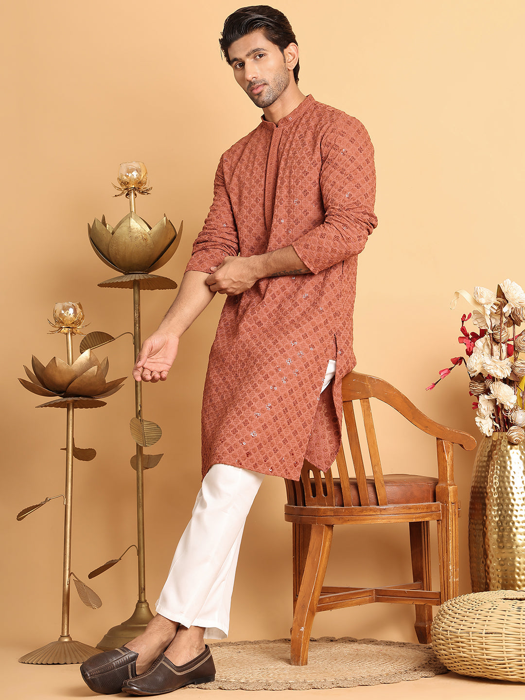 Embroidered & Sequins Straight Kurtas For Men ( KO 5117Rust )