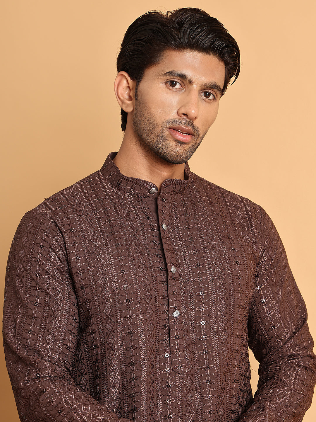 Embroidered Straight Kurtas For Men ( KO 5118Coffee )