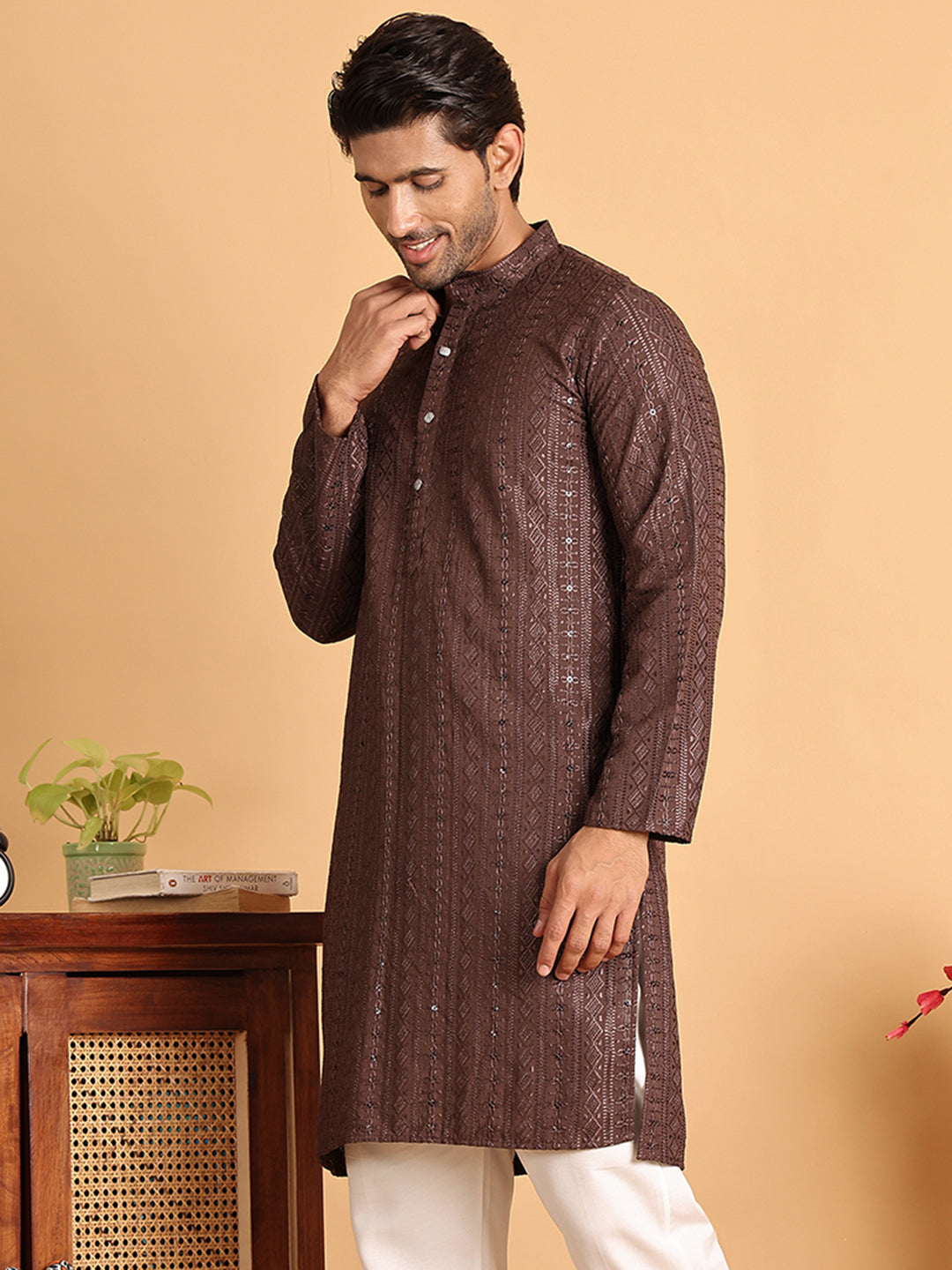 Embroidered Straight Kurtas For Men ( KO 5118Coffee )