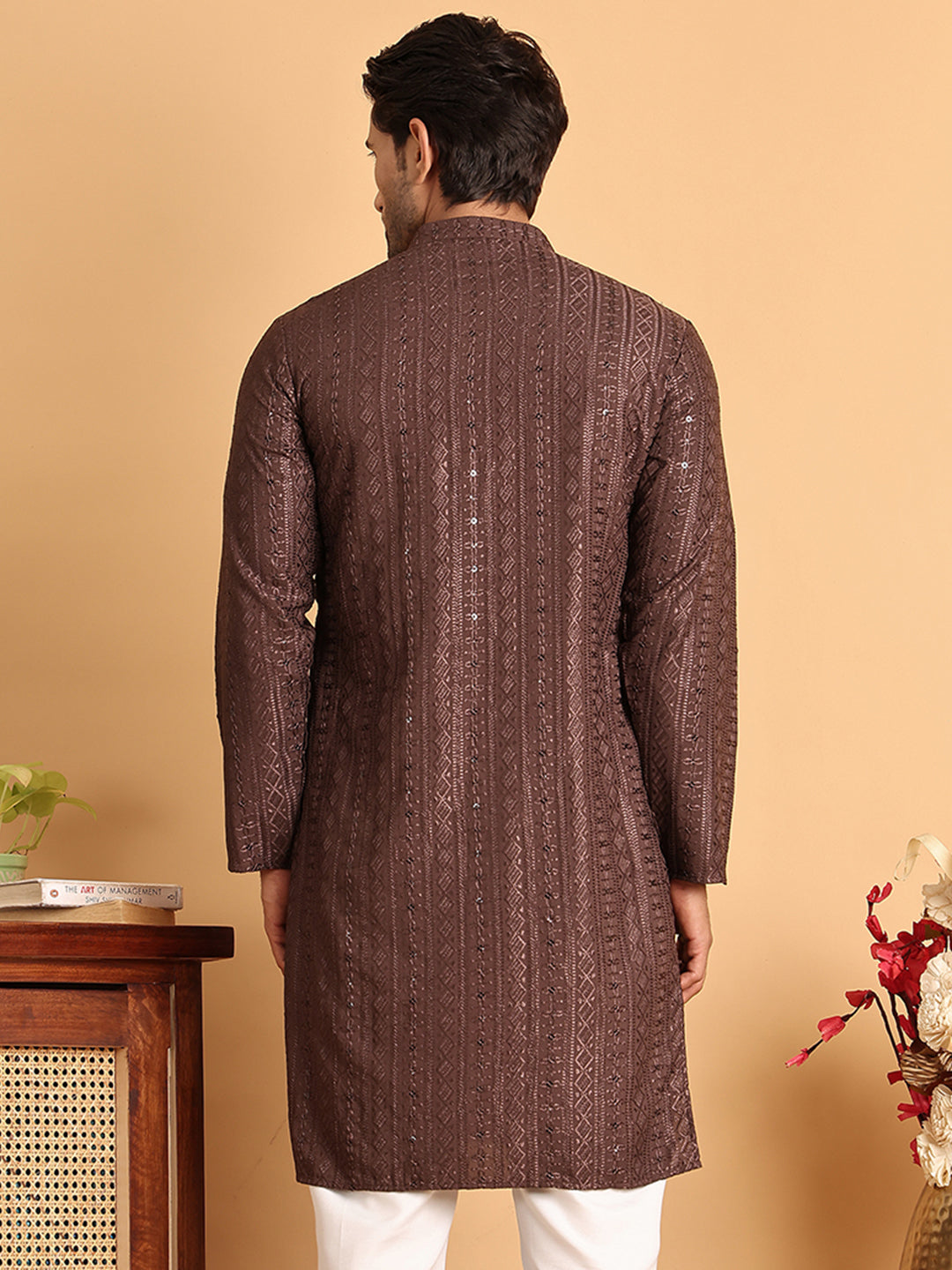 Embroidered Straight Kurtas For Men ( KO 5118Coffee )