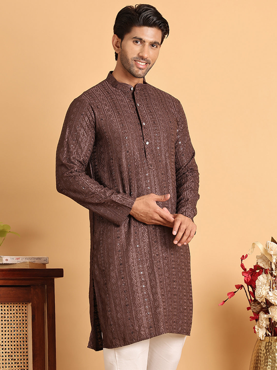 Embroidered Straight Kurtas For Men ( KO 5118Coffee )