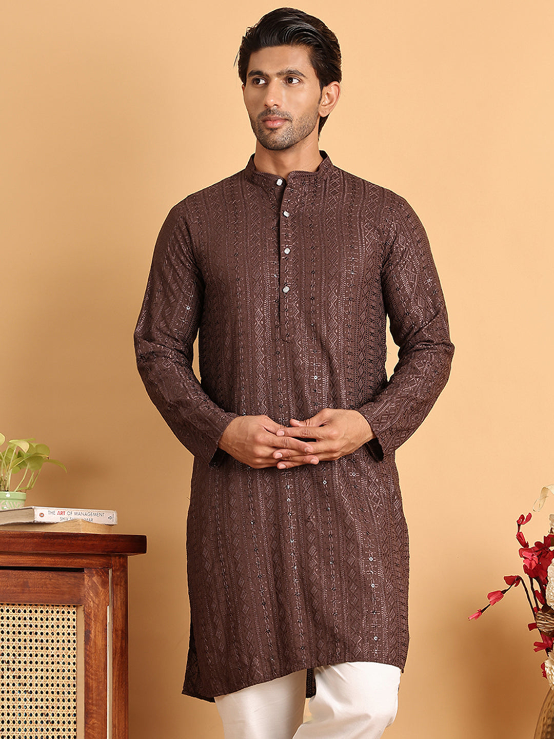 Embroidered Straight Kurtas For Men ( KO 5118Coffee )
