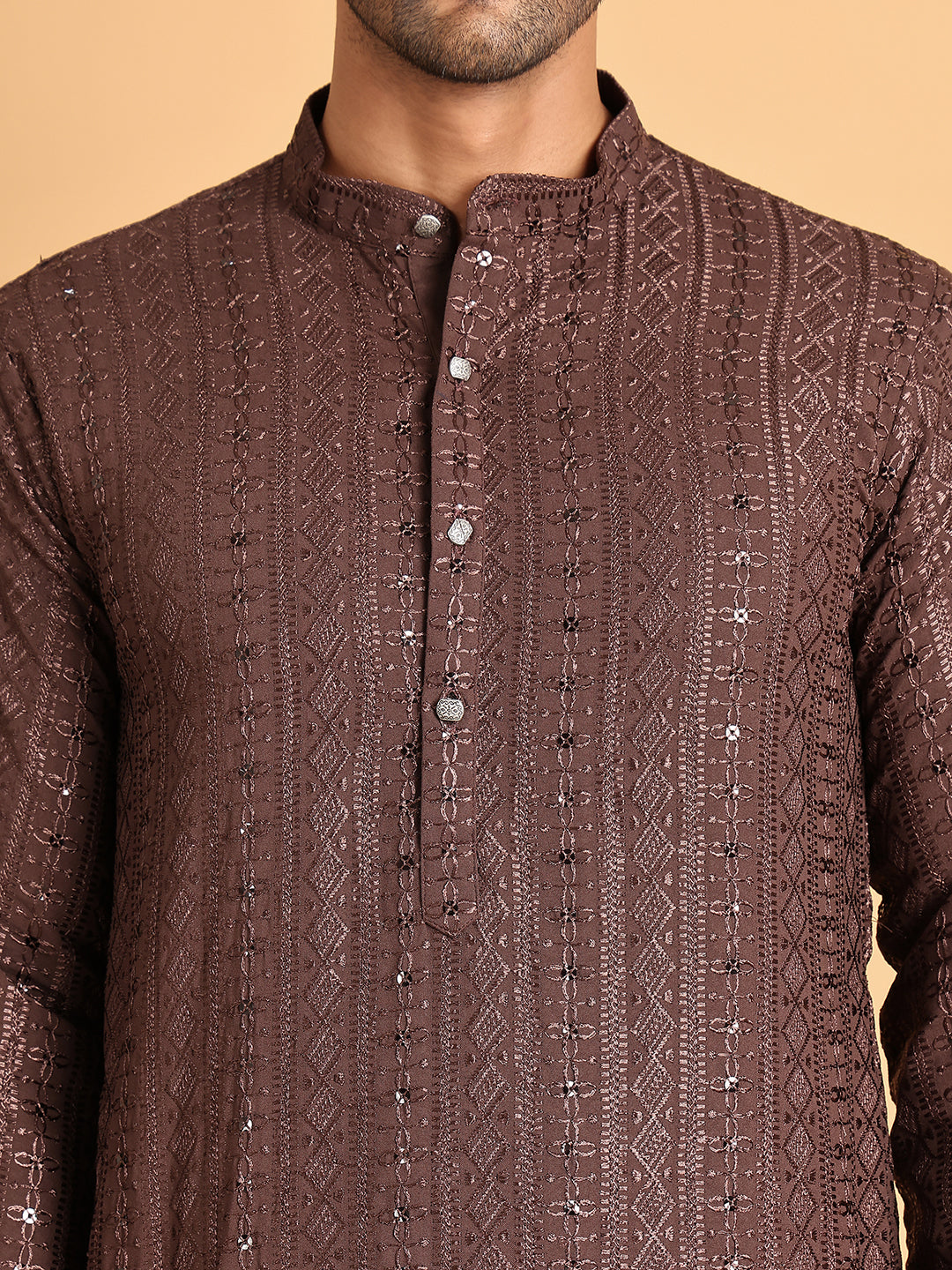 Embroidered Straight Kurtas For Men ( KO 5118Coffee )