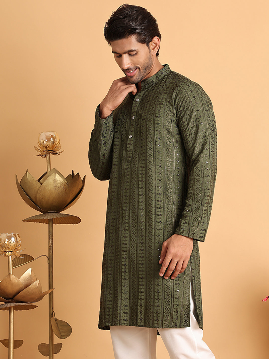 Embroidered Straight Kurtas For Men ( KO 5118Mehndi )