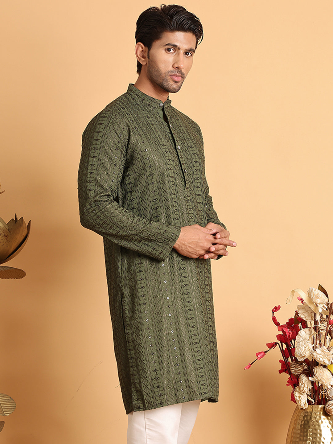 Embroidered Straight Kurtas For Men ( KO 5118Mehndi )