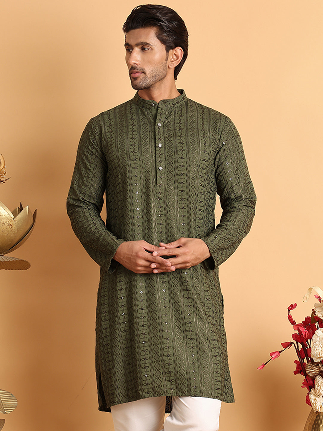 Embroidered Straight Kurtas For Men ( KO 5118Mehndi )